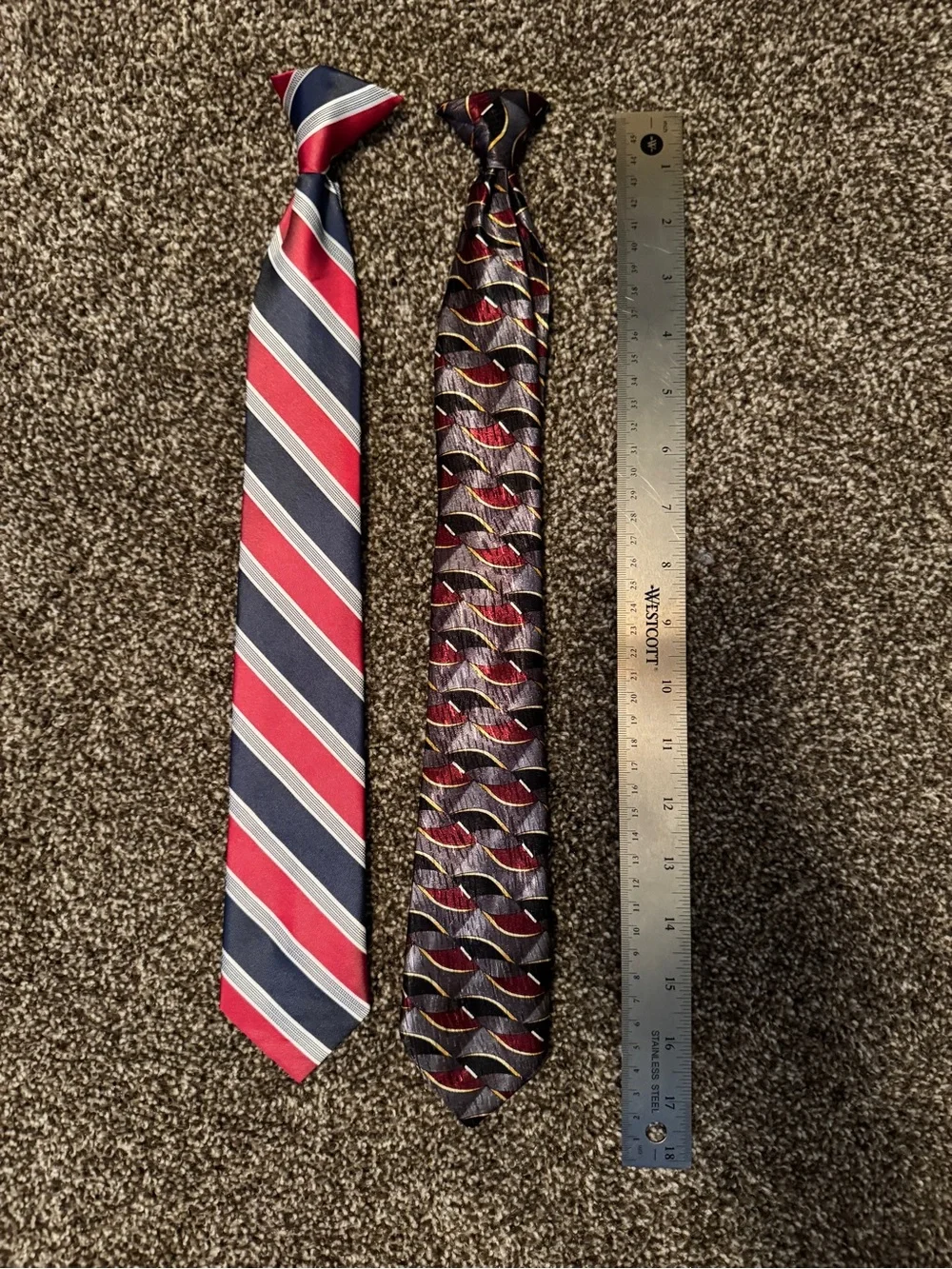2 Clip On Neckties - Never Worn-Red & Navy Striped Tie and Burgundy Patterned